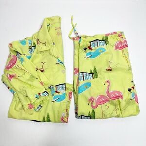 NICK & NORA Pajama Set Size Medium Backyard Flamingo Lime Yellow Capri